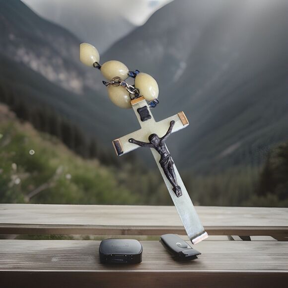 Jewelry - Vintage Italy Stamped Catholic Rosary Ivory Celluloid Oval Beads Madonna Center